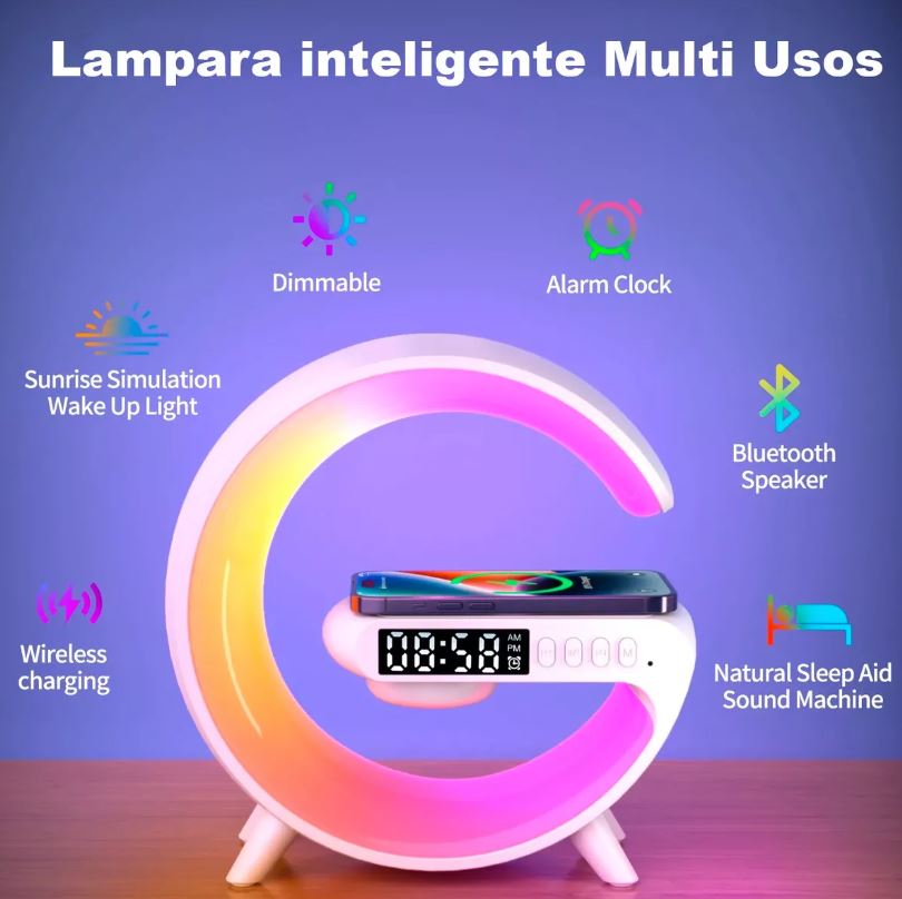 Lampara Led para velador, con despertador y cargador inalámbrico 15W 4 en 1